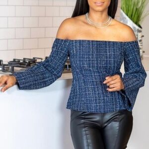 Zara Blue Tweed Off the Shoulder Peplum Structured Blouse Top